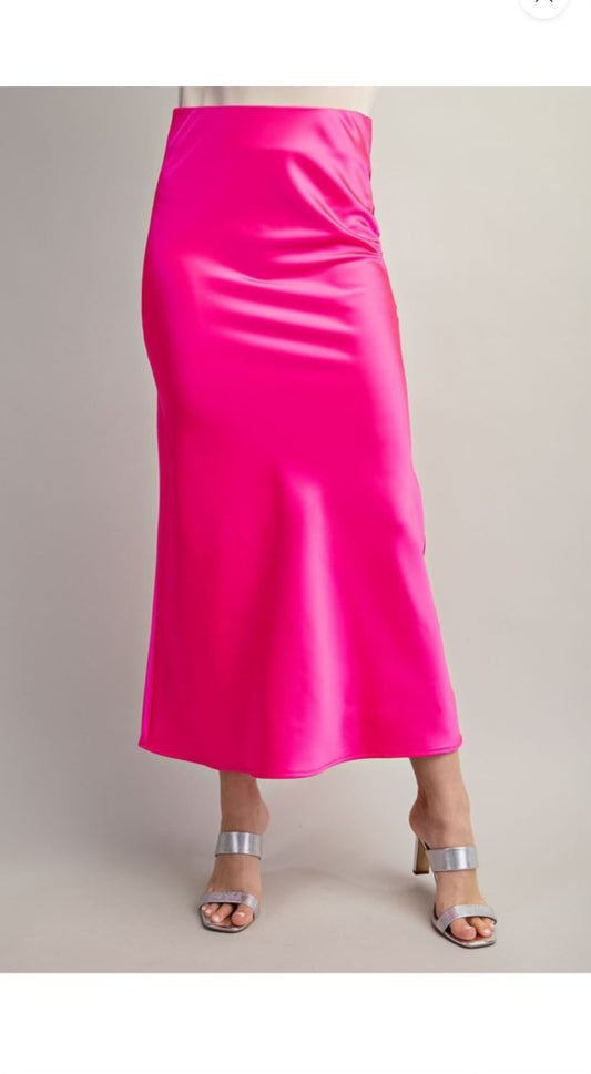 Hot Pink Satin Midi Skirt