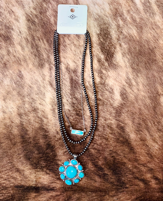 Multi Layered Navajo Style Bead with Concho Stone Pendant Necklace