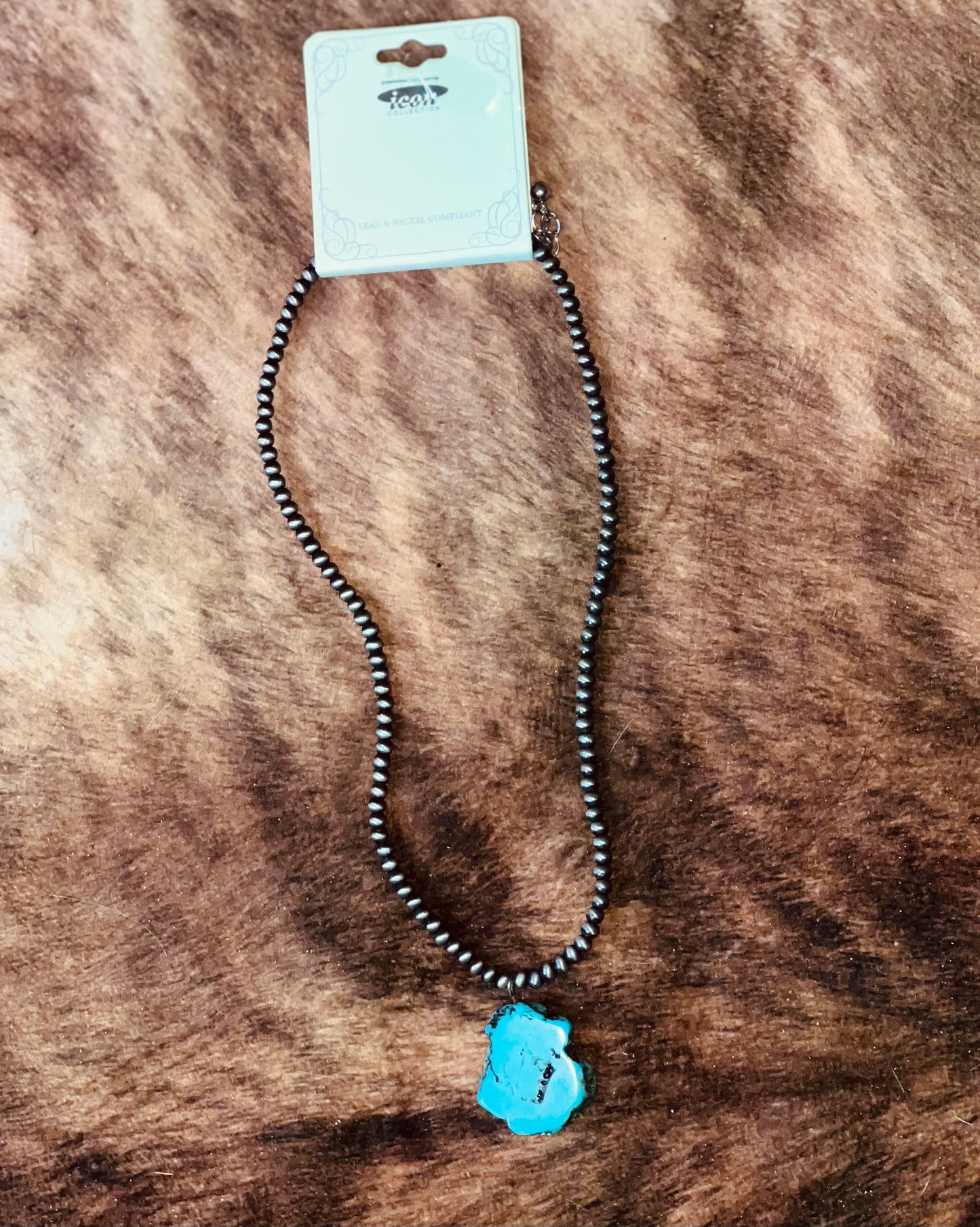 Western Navajo Style Pearl with Slab Stone Necklace