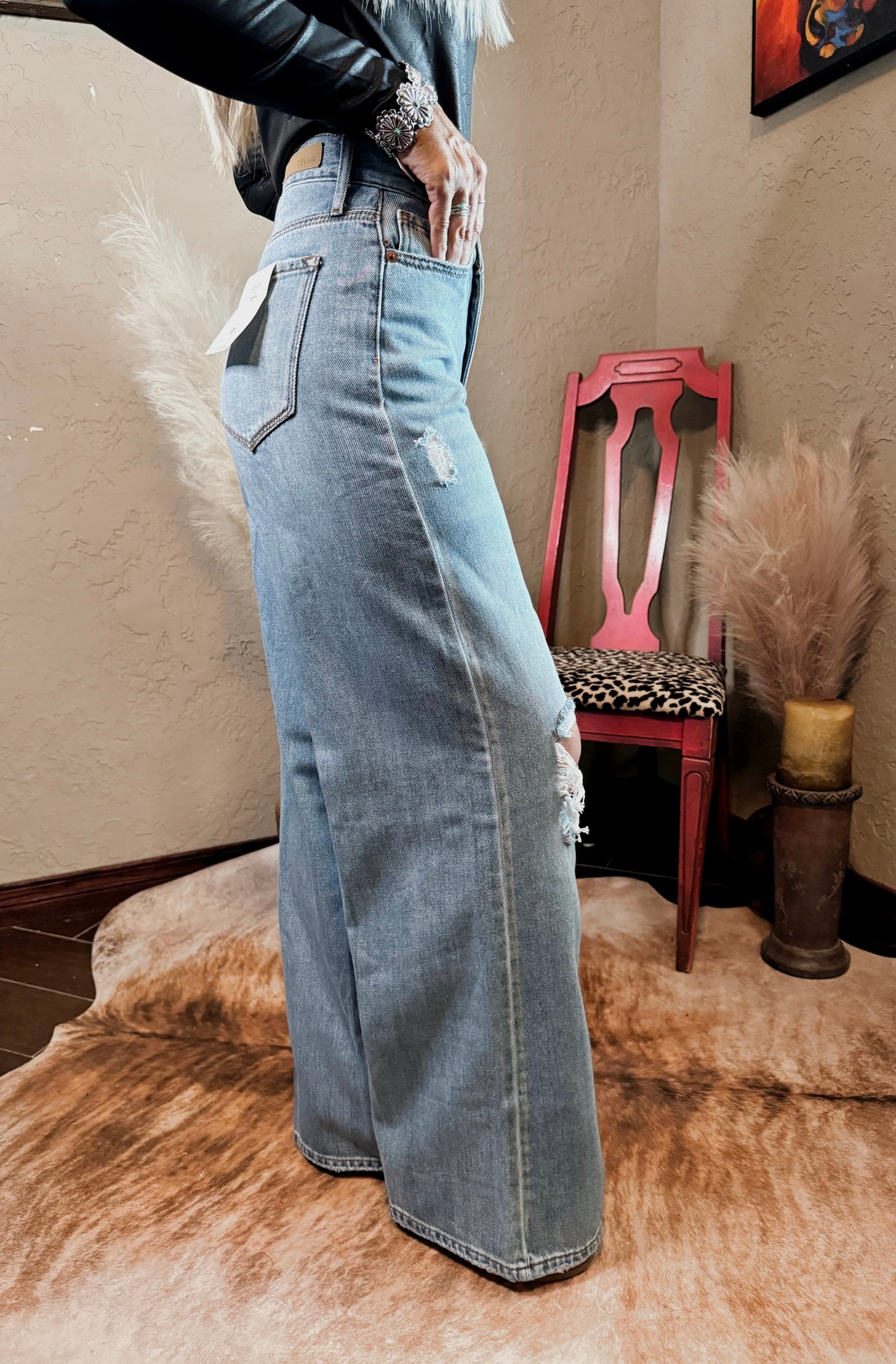 High Rise Wide Leg Ripped Jean