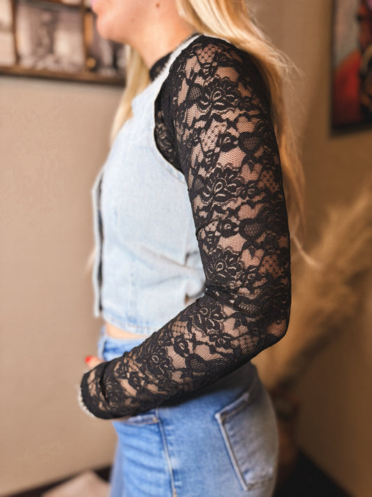 Sheer Crop Black Lace Shirt