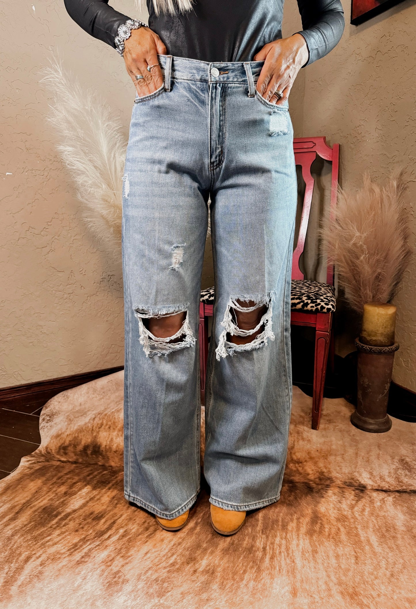 High Rise Wide Leg Ripped Jean